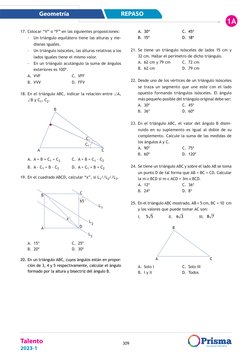 1A
REPASO
Geometría
Talento
2023-1
309
17.	Colocar “V” o “F” en las siguientes proposiciones:
-	 Un triángulo equilátero tien