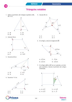 REPASO
Geometría
Talento
2023-1
310
1B
Triángulos notables
1.	 Hallar el perímetro del triángulo equilátero ABC, 
BH = 4 3.
B