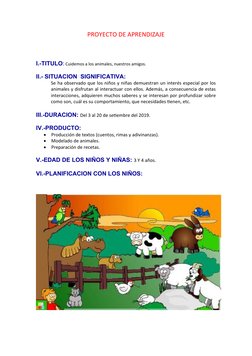 PROYECTO DE APRENDIZAJE 
I.-TITULO: Cuidemos a los animales, nuestros amigos.
II.- SITUACION  SIGNIFICATIVA:
Se ha observado
