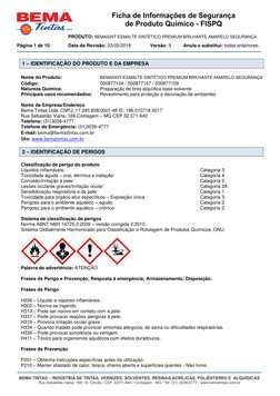 PRODUTO: BEMASINT ESMALTE SINTÉTICO PREMIUM BRILHANTE AMARELO SEGURANÇA 
Página 1 de 10   
 Data da Revisão: 23/02/2018