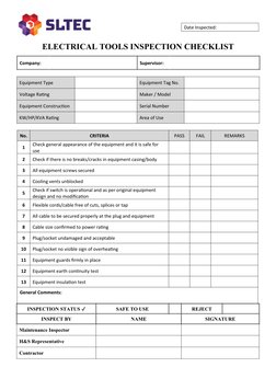 Electrical Tools Inspection Checklist | PDF