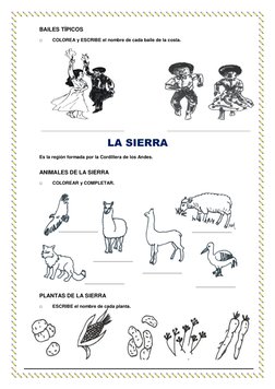 BAILES TÍPICOS 
  
□        COLOREA y ESCRIBE el nombre de cada baile de la costa.  
 
 
LA SIERRA 
  
Es la región formada p