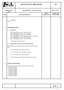 AIR LEAK TEST PROCEDURE
 
DPG
SUB-SYSTEM :
2301
DESCRIPTION : CLOSED  DRAIN
PAGE  5  OF  7  
STEP
TASK DESCRIPTION
DATE
COMPL