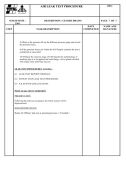 AIR LEAK TEST PROCEDURE
DPG
 
SUB-SYSTEM :
2301
DESCRIPTION : CLOSED DRAINS
PAGE  7  OF  7   
STEP
TASK DESCRIPTION
DATE
COMP
