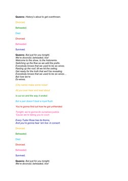 Queens: History’s about to get overthrown.
Divorced.
Beheaded.
Died.
Divorced.
Beheaded.
Survived.
Queens: But just for you t