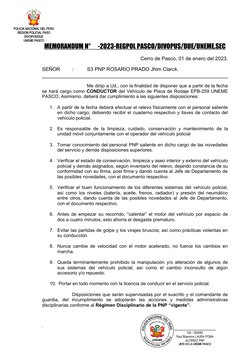 POLICIA NACIONAL DEL PERU
REGION POLICIAL PASO
DIVOPUS/DUE
UNEME PASCO
___________________________
OA - 399285
Raul Bilarmino
