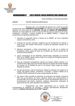 POLICIA NACIONAL DEL PERU
REGION POLICIAL PASO
DIVOPUS/DUE
UNEME PASCO
___________________________
OA - 399285
Raul Bilarmino