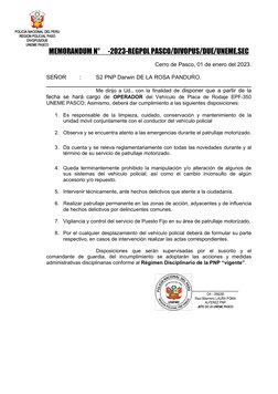 POLICIA NACIONAL DEL PERU
REGION POLICIAL PASO
DIVOPUS/DUE
UNEME PASCO
___________________________
OA - 399285
Raul Bilarmino