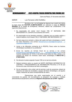 POLICIA NACIONAL DEL PERU
REGION POLICIAL PASO
DIVOPUS/DUE
UNEME PASCO
___________________________
OA - 399285
Raul Bilarmino