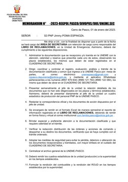 POLICIA NACIONAL DEL PERU
REGION POLICIAL PASO
DIVOPUS/DUE
UNEME PASCO
MEMORANDUM N°      -2023-REGPOL PASCO/DIVOPUS/DUE/UNEM