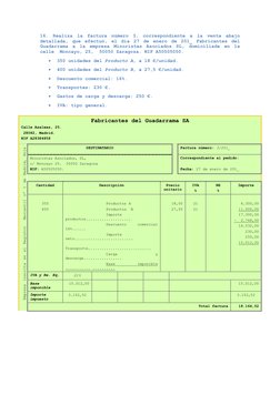 16. Realiza la factura número 3, correspondiente a la venta abajo 
detallada, que efectuó, el día 27 de enero de 201_ Fabrica