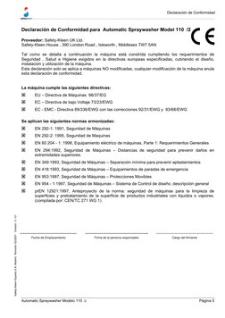 Automatic Spraywasher Modelo 110  /2
Página 5
Safety-Kleen España S.A. Madrid.⋅ Revisión 02/2001 ⋅ Versión  V / 01 
Declaraci