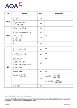 Page 10 
Version 1.0 
 
Q 
Answer 
Mark 
Comments 
 
26(a) 
(x – 5) 
2 + 1 
M1 
 
x 
2 – 5x – 5x + 25 + 1 
= x 
2 – 1