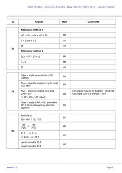 MARK SCHEME – GCSE MATHEMATICS – NEW PRACTICE PAPER SET 1 – PAPER 3 HIGHER  
 
Version 1.0 
Page 9 
 
Q 
Answer 
Mark 
Comm