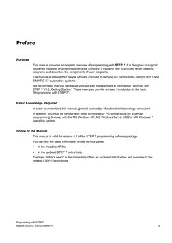 Programming with STEP 7 
Manual, 05/2010, A5E02789666-01 
5 
Preface 
Purpose 
This manual provides a complete overview of