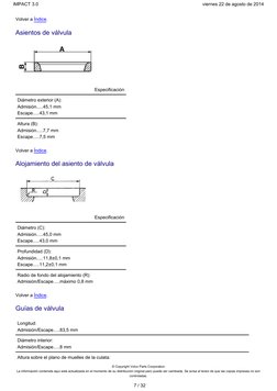 Volver a 
.
Índice
Asientos de válvula
Especificación
Diámetro exterior (A):
Admisión
45,1 mm
.....
Escape
43,1 mm
.....
Altu
