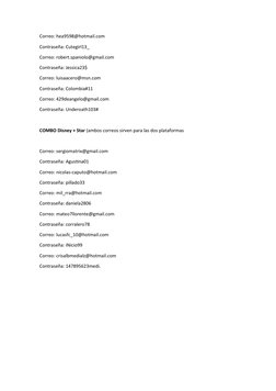 Correo: hea9598@hotmail.com
Contraseña: Cutegirl13_
Correo: robert.spaniolo@gmail.com
Contraseña: Jessica23$
Correo: luisaace