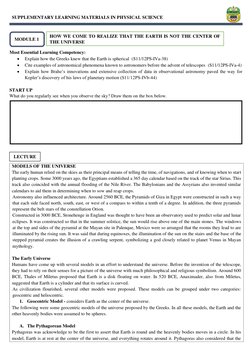 SUPPLEMENTARY LEARNING MATERIALS IN PHYSICAL SCIENCE
Most Essential Learning Competency:
Explain how t