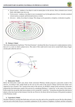 SUPPLEMENTARY LEARNING MATERIALS IN PHYSICAL SCIENCE
Natural motion – tendency of an object to seek its natural pl