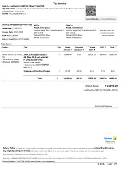 E. & O.E.
page 1 of 1
*Keep this invoice and 
manufacturer box for 
warranty purposes.
Ship To
Arsad Jamal Quisar 
Haroon Nag