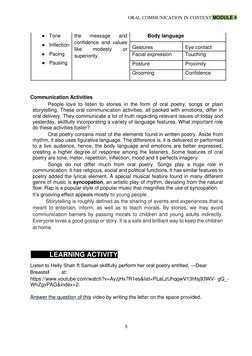 ORAL COMMUNICATION IN CONTEXT MODULE 4   
  
5  
  
  
● Tone  
● Inflection  
● Pacing  
● Pausing  
the 
message 
and 
c