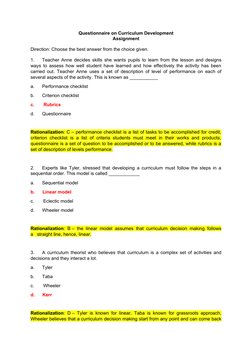 Questionnaire on Curriculum Development
Assignment
Direction: Choose the best answer from the choice given. 
1.      Teacher