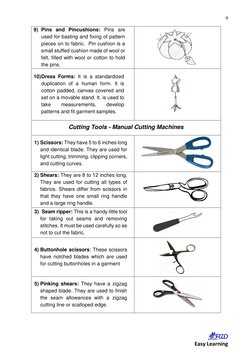 9 
 
   
 
   Easy Learning 
9) Pins and Pincushions: Pins are 
used for basting and fixing of pattern 
pieces on to fabric.