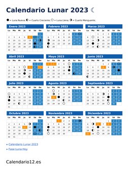 Calendario Lunar 2023 (https://calendario12.es/calendario-lunar/2023) ☾
 = Luna Nueva; 
 = Cuarto Creciente; 
 = Luna Llena;
