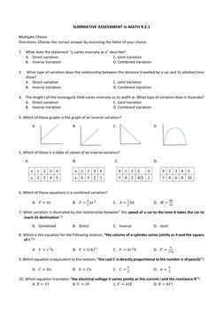 SUMMATIVE ASSESSMENT in MATH 9.2.1  
 
Multiples Choice. 
Directions: Choose the correct answer by encircling the letter of