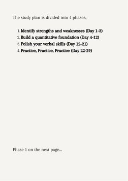 Identify strengths and weaknesses (Day 1-3)
Build a quantitative foundation (Day 4-12)
Polish your verbal skills (Day 12-21)