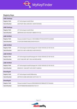 MyKeyFinder
Registry Keys
AMD Settings
Registry Path
ATI Technologies\Install\CNext
Serial Number
{A837E2B7-5BA6-4286-BC21-A0