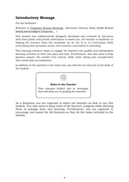 Introductory Message
For the facilitator:
Welcome to Computer System Servicing  Alternative Delivery Mode (ADM) Module
Instal