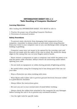 INFORMATION SHEET CO1.1-1
“Safe Handling of Computer Hardware”
Learning Objectives: 
After reading this INFORMATION SHEET, YO