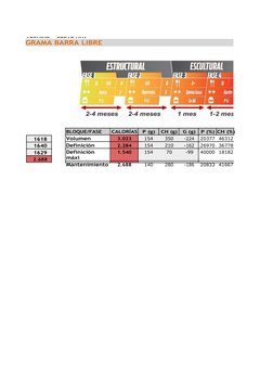 BLOQUE/FASE
CALORÍAS
P (g)
CH (g)
G (g)
P (%) CH (%)
Volumen
3.023
154
350
-224
20377
46312
Definición
2.284
154
210
-162
269
