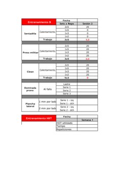 Entrenamiento B
Fecha
Sets x Reps
Sesión 2
Sentadilla
Calentamiento
2x5
20
1x5
0
1x3
0
1x2
0
Trabajo
3x5
5,0
Press militar Ca
