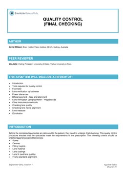 September 2012, Version 1 
Applied Optics
Chapter 3-1 
 
 
QUALITY CONTROL 
(FINAL CHECKING) 
 
 
 
AUTHOR 
David Wilson: Bri