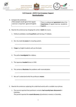 مدرسة علي بن أبي طالب للتعليم الثانويAli Bin Abi Taleb School C3
`
G12 General – EOT2 Test Grammar Support
Nominalization 
A.
