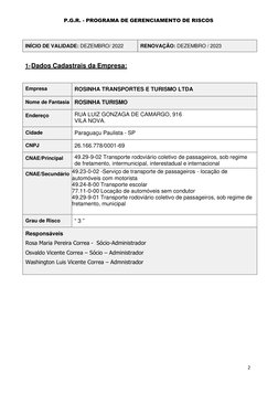P.G.R. - PROGRAMA DE GERENCIAMENTO DE RISCOS 
2 
 
 
 
 
 
 
1- Dados Cadastrais da Empresa: 
 
 
 
Empresa 
ROSINHA TRANSPOR