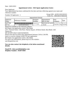 Date : 28/01/2023
Appointment Letter - BLS Spain Application Centre
Dear Applicant,
Your Appointment has been confirmed for t