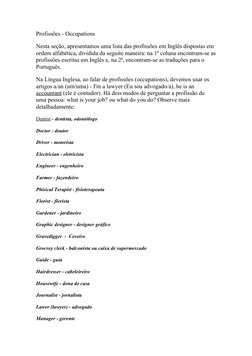 Profissões - Occupations 
Nesta seção, apresentamos uma lista das profissões em Inglês dispostas em 
ordem alfabética, dividi