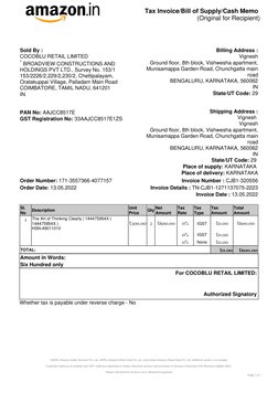 Tax Invoice/Bill of Supply/Cash Memo
(Original for Recipient)
*ASSPL-Amazon Seller Services Pvt. Ltd., ARIPL-Amazon Retail