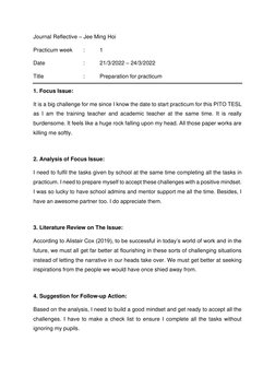 Journal Reflective – Jee Ming Hoi 
Practicum week 
: 
1 
Date  
 
: 
21/3/2022 – 24/3/2022 
Title 
 
 
: 
Preparation for pra