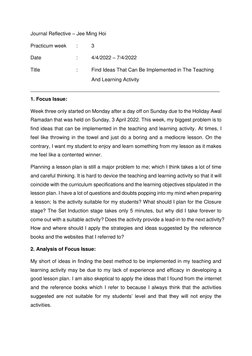 Journal Reflective – Jee Ming Hoi 
Practicum week 
: 
3 
Date  
 
: 
4/4/2022 – 7/4/2022 
Title 
 
 
: 
Find Ideas That Can B
