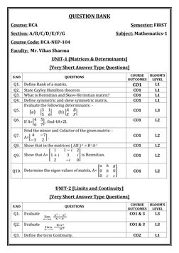 BCA 1st Sem Maths Question Bank | PDF | Matrix (Mathematics) | Determinant