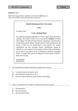 SECTION 1 (5 Questions)
5 Marks
Question 1 to 5 
Read the message below carefully and choose the best answer. 
Baca mesej dib