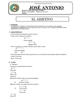 I. DEFINICIÓN
 
 
Los adjetivos son palabras que están estrechamente vinculadas con los sustantivos, pues expresan 
caracterí