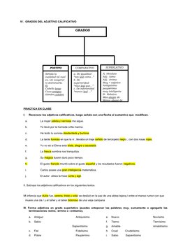 IV. GRADOS DEL ADJETIVO CALIFICATIVO
PRACTICA EN CLASE
I.
Reconoce los adjetivos calificativos, luego señala con una flecha a