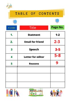 1.
Statment
1-2
2.
Email for friend

3
Speech
3-5
4
 Letter for editor 

5
Reasons










TABLE OF CONTENTS


In order
Tit