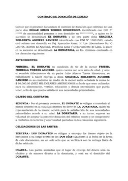 CONTRATO DE DONACIÓN DE DINERO
Conste por el presente documento el contrato de donación que celebran de una
parte don  EDGAR
