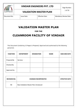 VINDAIR ENGINEERS PVT. LTD
Page Number:
1 of 16
VALIDATION MASTER PLAN
Document No:
Issue Date:
Effective Date:
Mandatory Rev